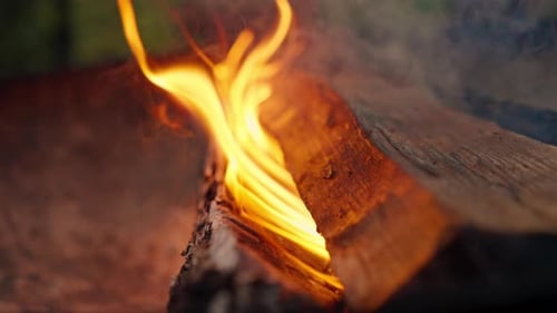 Eine Nahaufnahme von Holz, das in einem offenen Feuer brennt Eine helle Feuerflamme verbrennt Holz zum Grillen im Freien