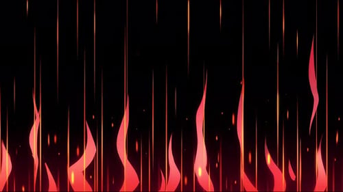 Lignes de flammes verticales de style dessin animé, traînées de feu animées, fond brûlant abstrait