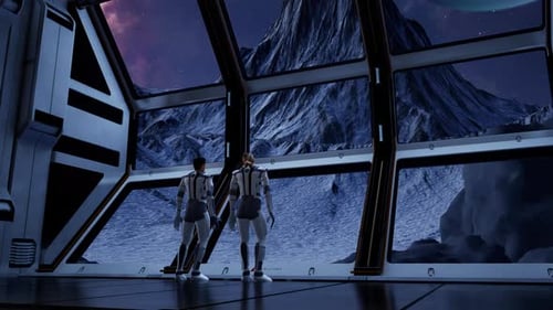 Astronauts Inside Sci Fi Base Observing Icy Planet 4