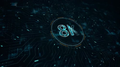 Dunkelblaues 8K-Partikellogo mit Auflösung des Zukunftskonzepts und futuristischem Technologiekreis HUD