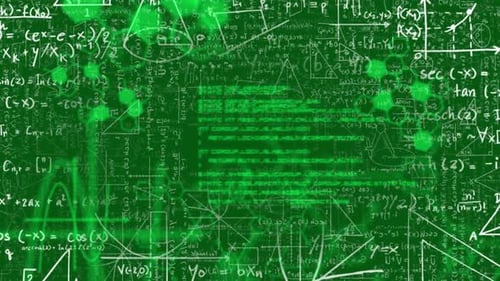 Animation of scientific data processing over mathematical equations on green background