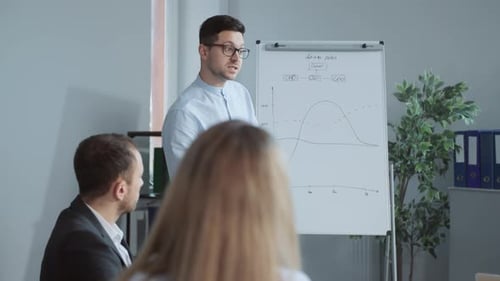 Business Success Concept Businessman Giving Business Presentation in Cozy Office Team of Cauasian