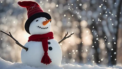 Boneco de neve alegre na paisagem nevada com luzes cintilantes