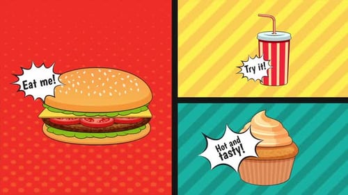 Pop Art Food Items Animated with Comic Speech Bubbles