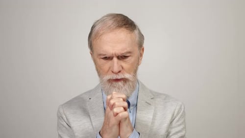 Old Aged Sad Man Thinking About Problem Indoors. Portrait Thoughtful Old Guy
