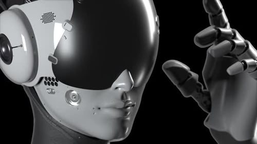 portrait of a female robot making a gesture of caution. has an alpha channel