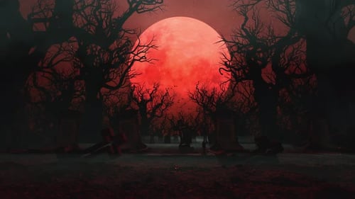 Spooky Graveyard and Dark Forest Silhouetted by a Massive Red Blood Moon