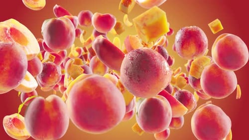 Realistic Peaches and Slices with Water Drops Falling