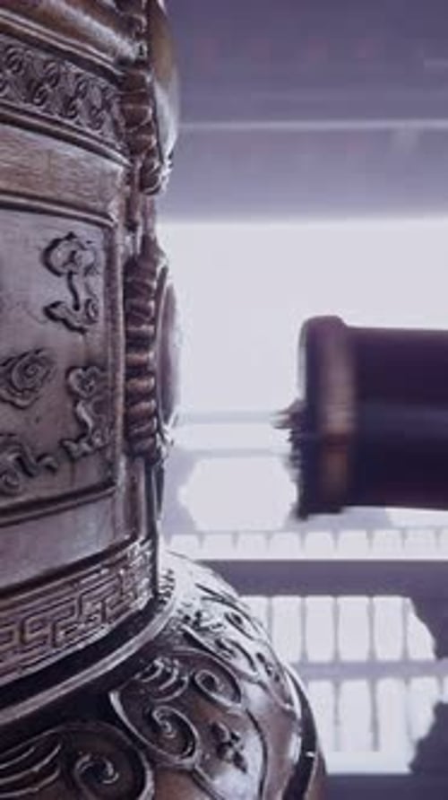Detailed Bronze Bell in Temple Close Up Still Shot