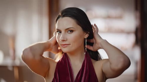 Elegant Model Adjusting Hair Looking Mirror Closeup Smiling Gorgeous Woman