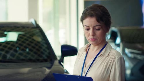 Woman Holding Clipboard in Car Dealership