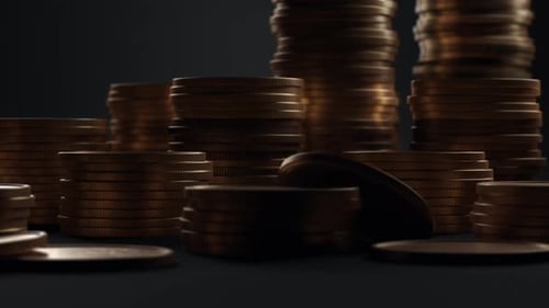 Rows of Golden Cent Coins Finance and Banking Account Concept Close Up Macro Stacks of Coins