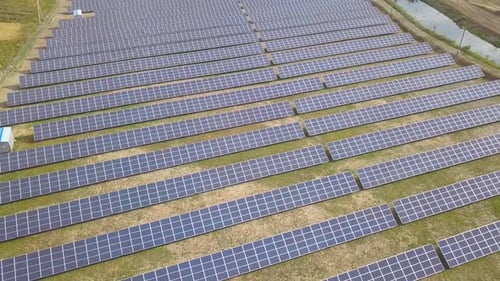 Aerial View of Solar Power Plant Electric Panels for Producing Clean Ecologic Energy
