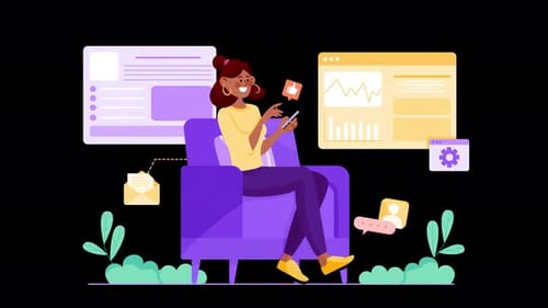 Woman sitting on a chair using a smartphone with digital elements around.
