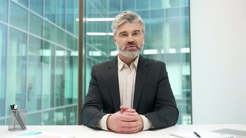 Webcam view. Confident businessman talking on a video call conference looking at camera in office.