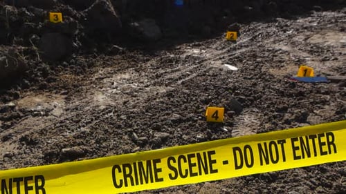 Crime scene tape and crime marker next to evidence on a muddy road in a rural sunny area.