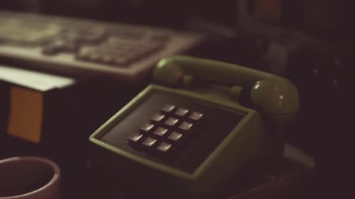 Vintage Green Rotary Phone on Wooden Table in Cozy Room Setting