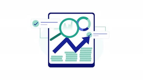 Cost management animation financial graphs, coins, and magnifying glass.