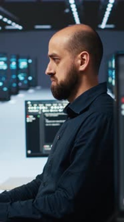 Vertical Video IT Expert Programming in Data Center with Supercomputers