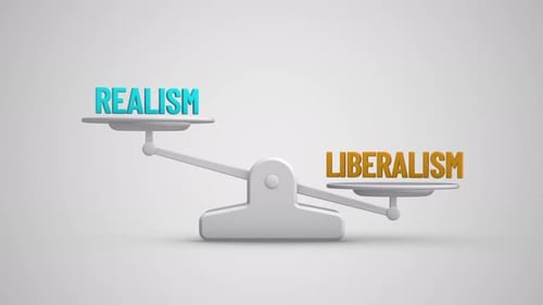 Realism vs Liberalism balance scale looping animation