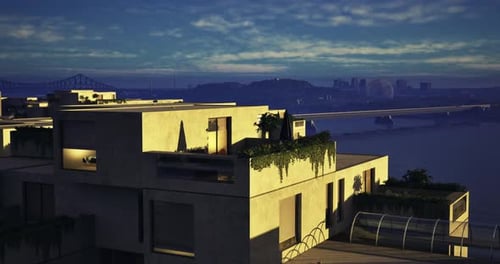 Vista nocturna del horizonte de la ciudad con arquitectura moderna cerca de la costa