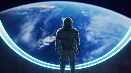 Cinematic View of Astronaut Looking at Earth from Space Station