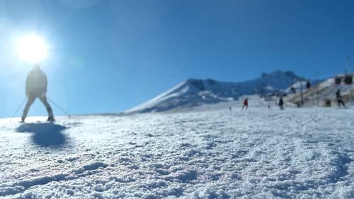 Show of ski athletes in super slow motion