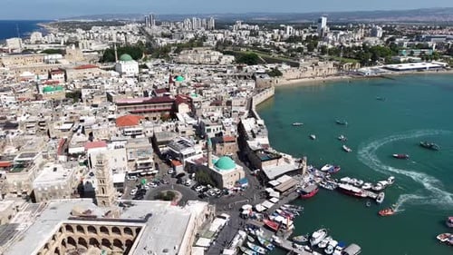 Aerial video over the old city of Acre in northern Israel