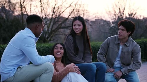 Group of multiracial friends talking together in a park