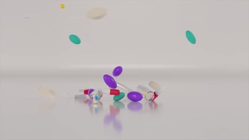Verschiedene Pillen, die auf einen weißen Hintergrund fallen, Medikamente, Pillen, Antibiotika, Vitamine, Gesundheitswesen