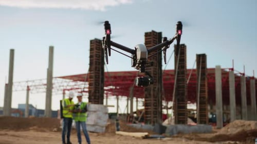 Closeup View of Quadcopter Conducting Detailed Site Surveys Modern Equipment Topographic Concept