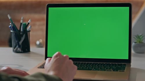 Unrecognizable Businesswoman Typing Chroma Key Laptop on Office Desk Close Up
