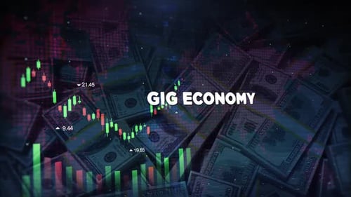 Gig Economy Words On Economic Background With Decrease Bar Chart Graph And Arrow