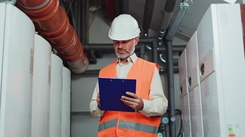 Chefe de departamento sorridente em pé com prancheta na área da fábrica