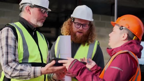 Engineers and frustrated construction worker are seriously discussing a drawing error on a tablet