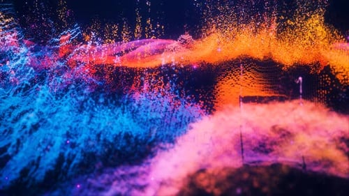 Abstract moving futuristic landscape of particles and dots of energy with glow