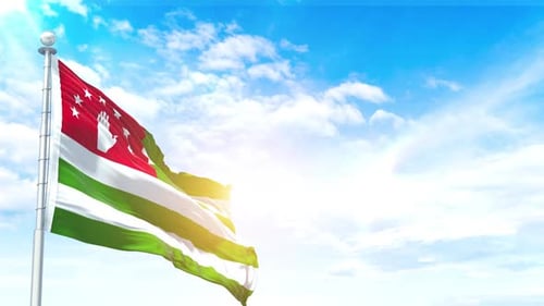 Realistic Abkhazia Flag Waving in the Wind with Blue Sky Background
