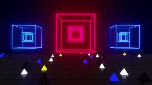 Futuristic Neon Cubes and Pyramids Rotating Loop Background
