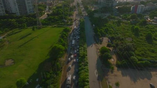 Aerial view of buildings and traffic, Gurugram, India.