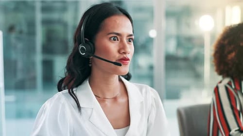 Call center, customer support and woman in office talking for consulting, help and CRM service