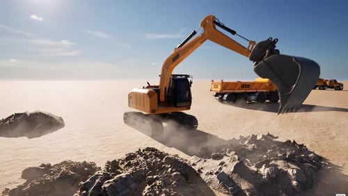 3D Animated Excavator Digging at Industrial Construction Site