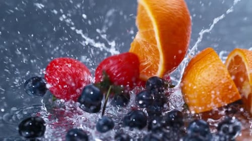 Slow mo fresh fruits falling and splashing into clean fresh water