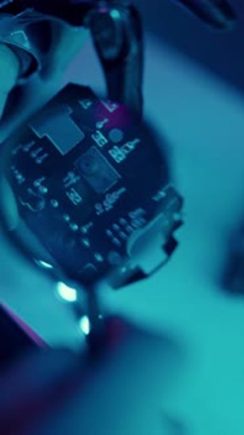 Hands Manipulating Circuit Board in Futuristic Lighting
