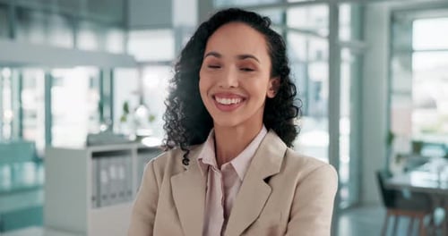 Office, happy and face of business woman for financial career, ambition and confidence