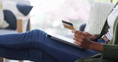 Debit card, happy woman and shopping on tablet, online shop or omnichannel web store for retail