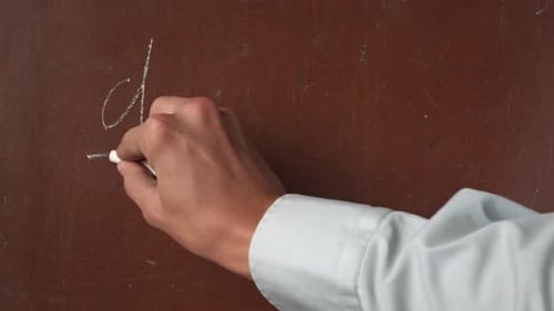 Textured Brown Chalkboard Background Male Hand Writing Derivative Equation on the Board with a Piece