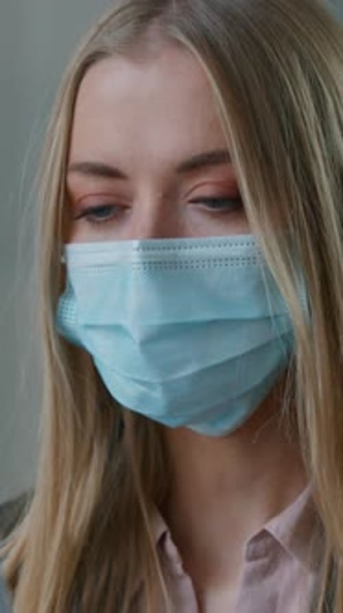 Portrait Caucasian Business Woman Typing Laptop Wearing Face Medical Mask Businesswoman in Office