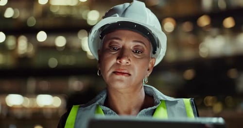 Engineer, woman and reading on tablet for construction, night and thinking of building plan in city