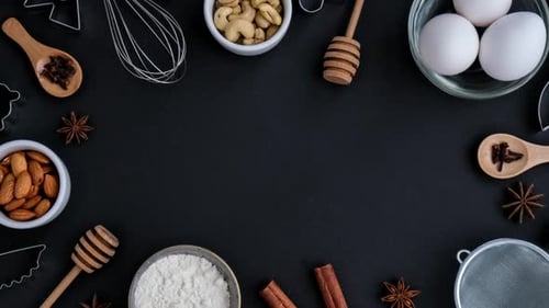 Zoom in Out Baking Cooking Ingredients on Black Background