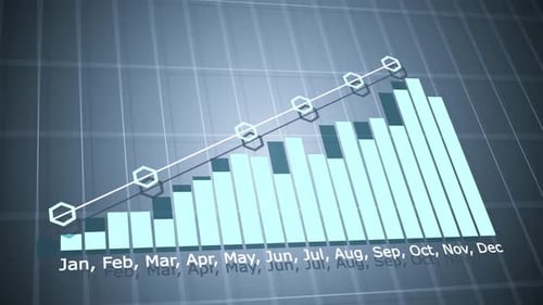 Financial Growth Bar Chart with Upward Trend Line and Arrow on Abstract Grid Background